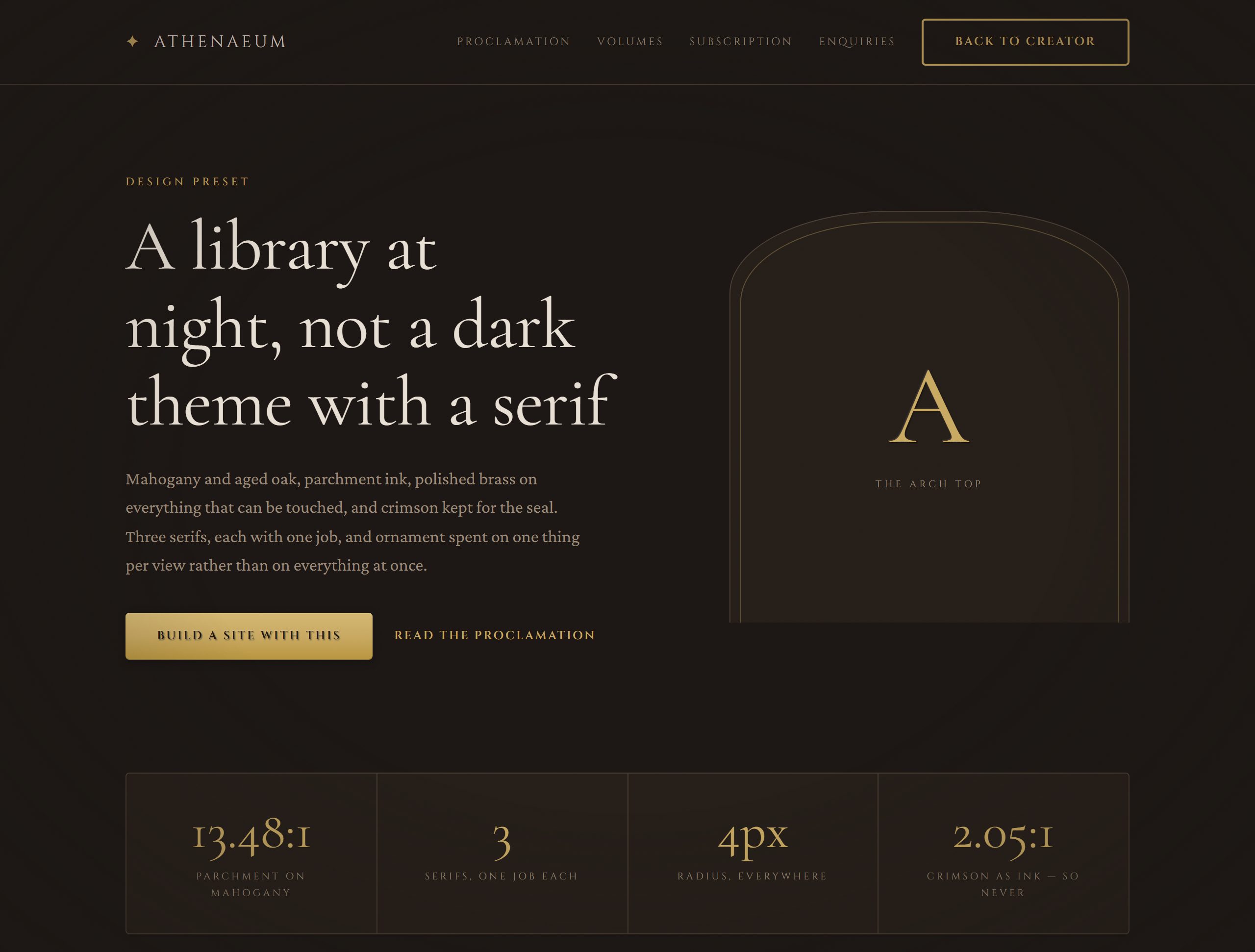 An Academia style: a cream serif headline on deep mahogany beside a brass-edged cathedral arch holding a large letter A, over a row of brass figures.