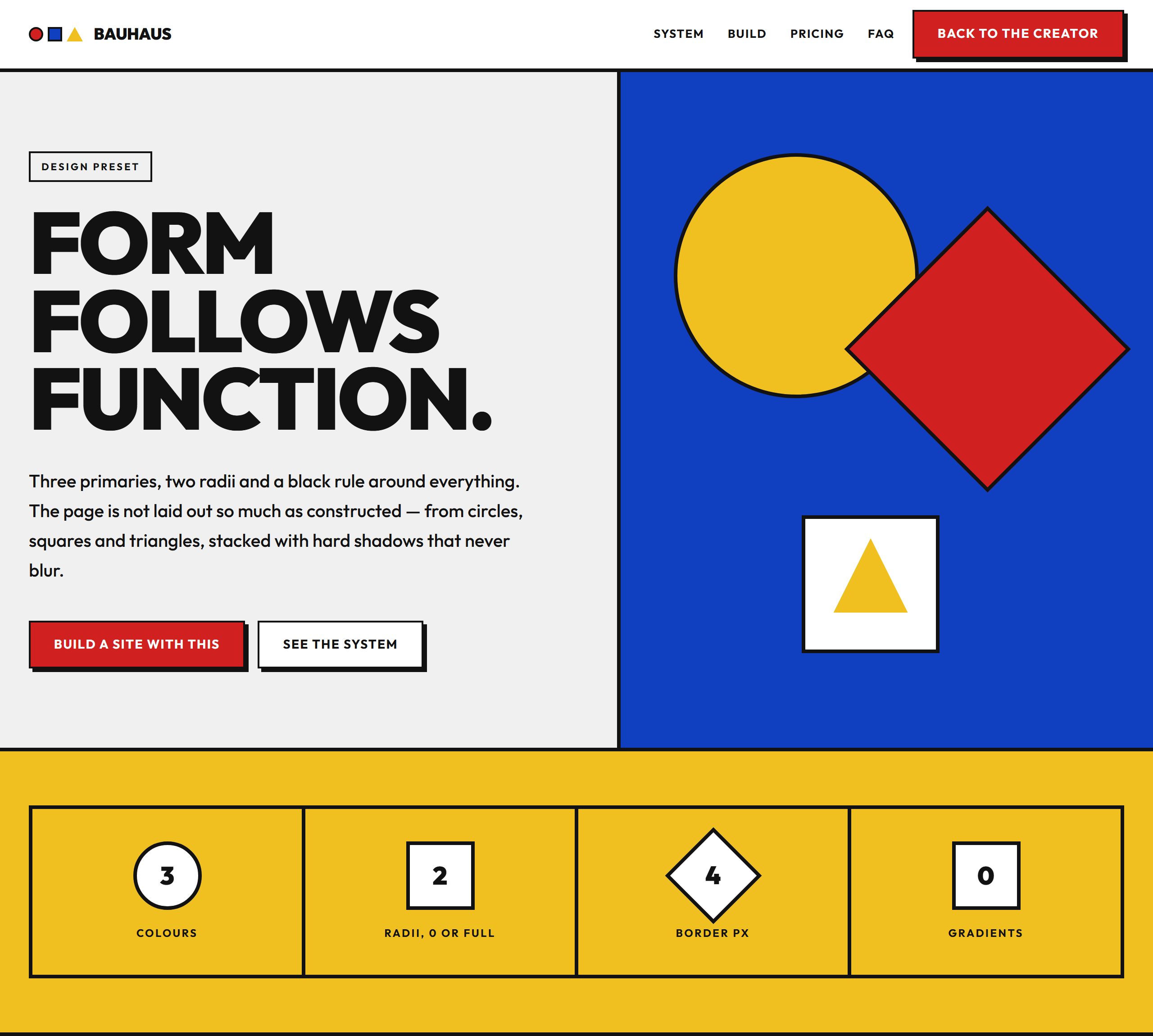 A Bauhaus style: a heavy uppercase headline beside a blue panel holding a yellow circle, a red rotated square and a white square, over a yellow band of statistics.