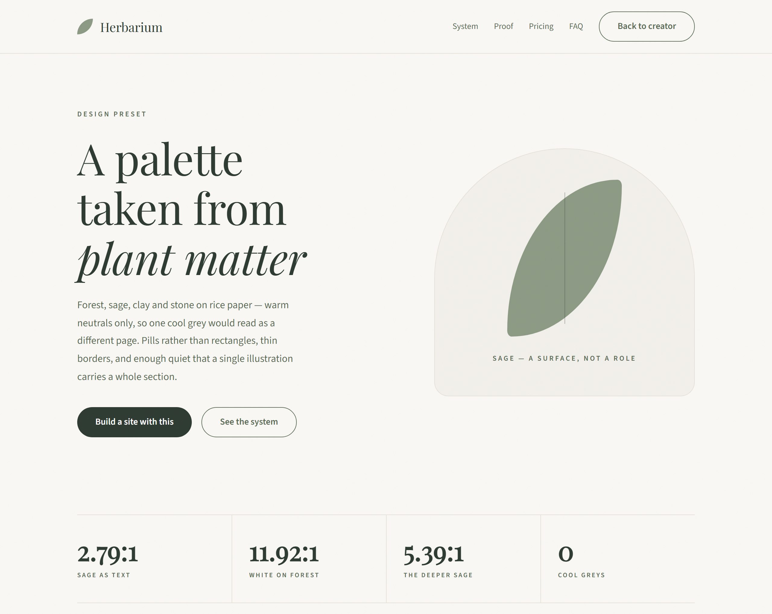 A Botanical style: a serif headline on warm rice paper beside an arch-topped plate holding a sage leaf shape.