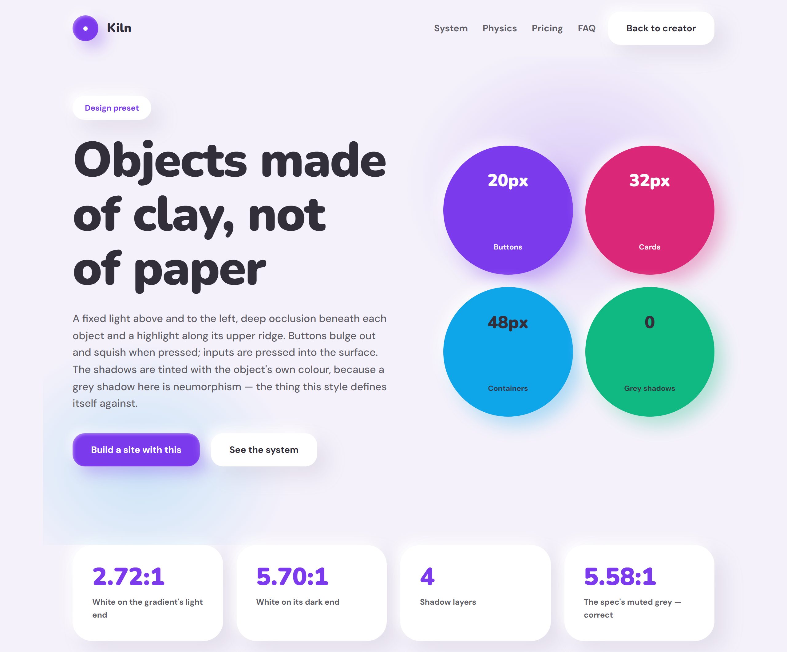 A Claymorphism style: a rounded headline on pale lavender beside four saturated circles that bulge off the page with soft coloured shadows.