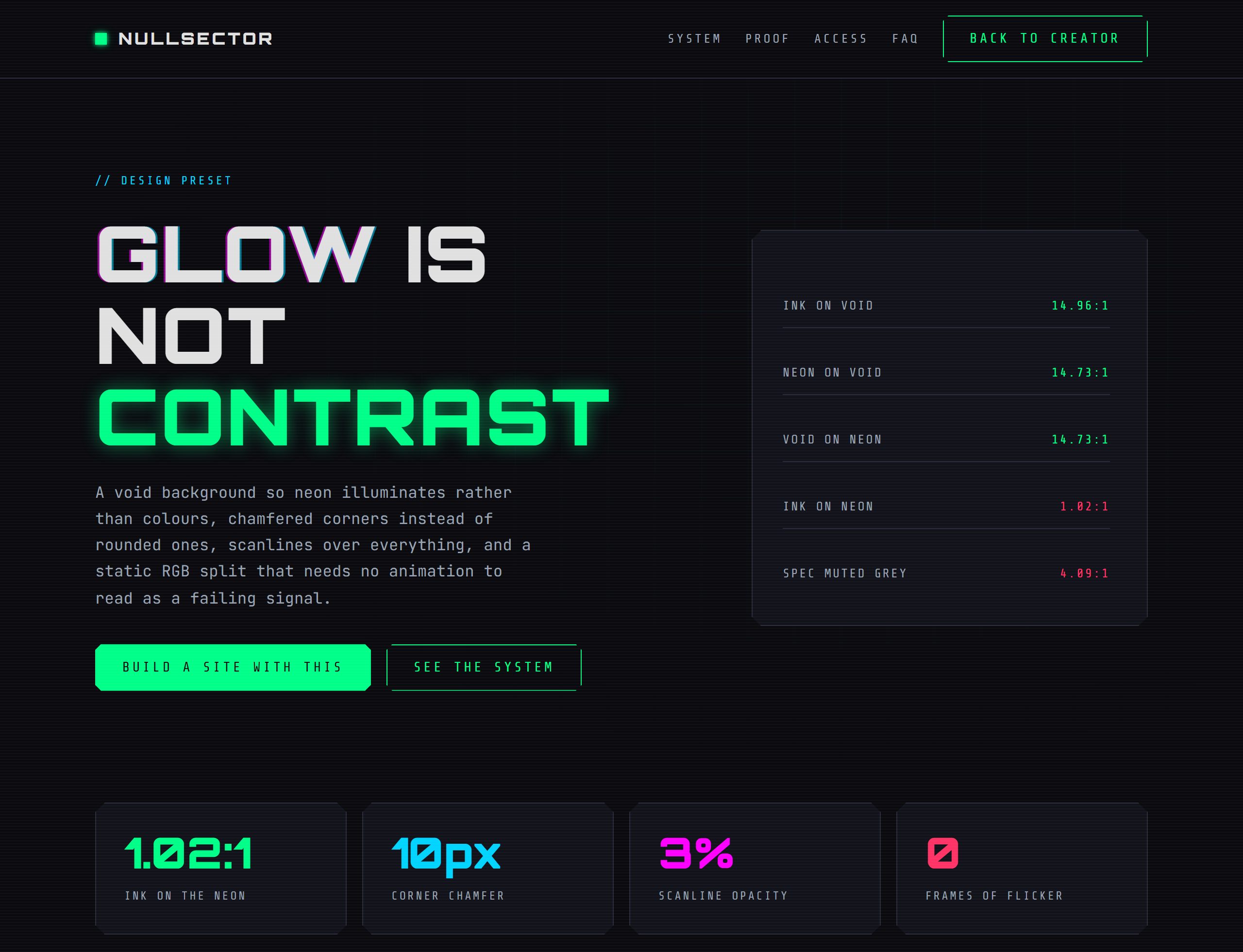A Cyberpunk style: a heavy uppercase headline with the last word glowing neon green on a near-black void, beside a chamfered panel of contrast readouts.