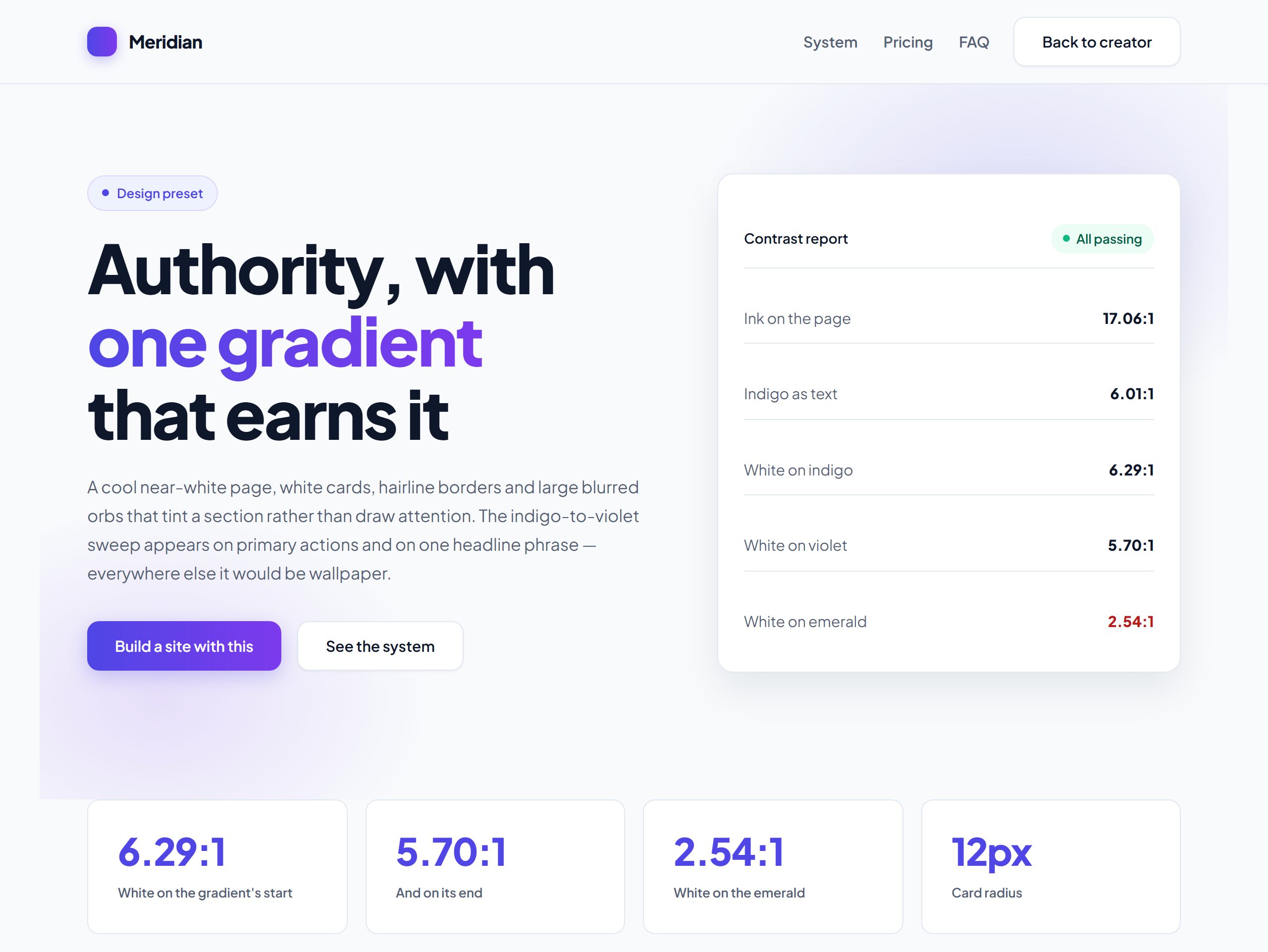 An Enterprise SaaS style: a bold headline with one gradient phrase on a cool near-white page, beside a white dashboard card of contrast figures.