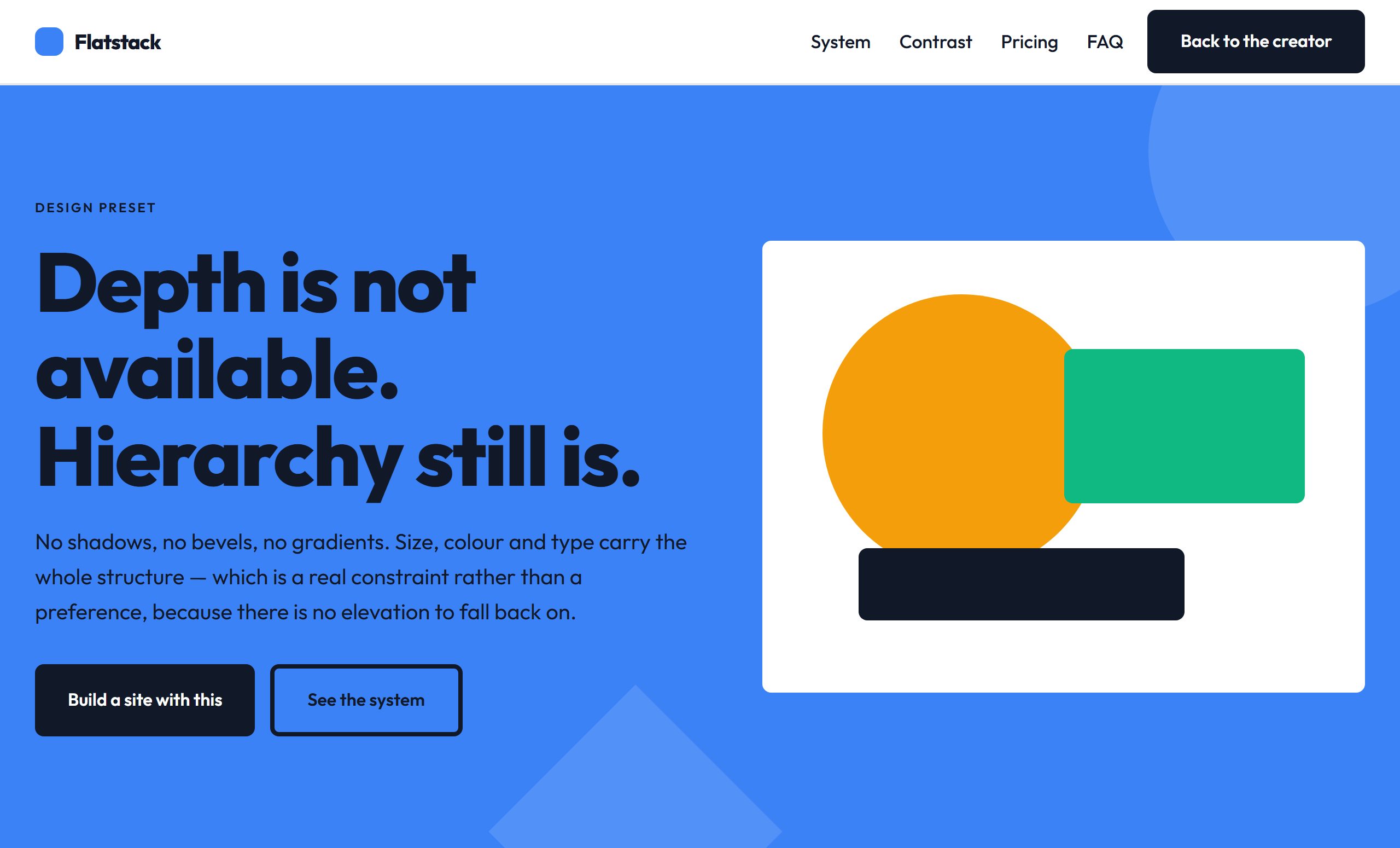 A flat style: a bold headline in dark ink on a full-bleed blue section with a composition of flat circles and rectangles beside it.