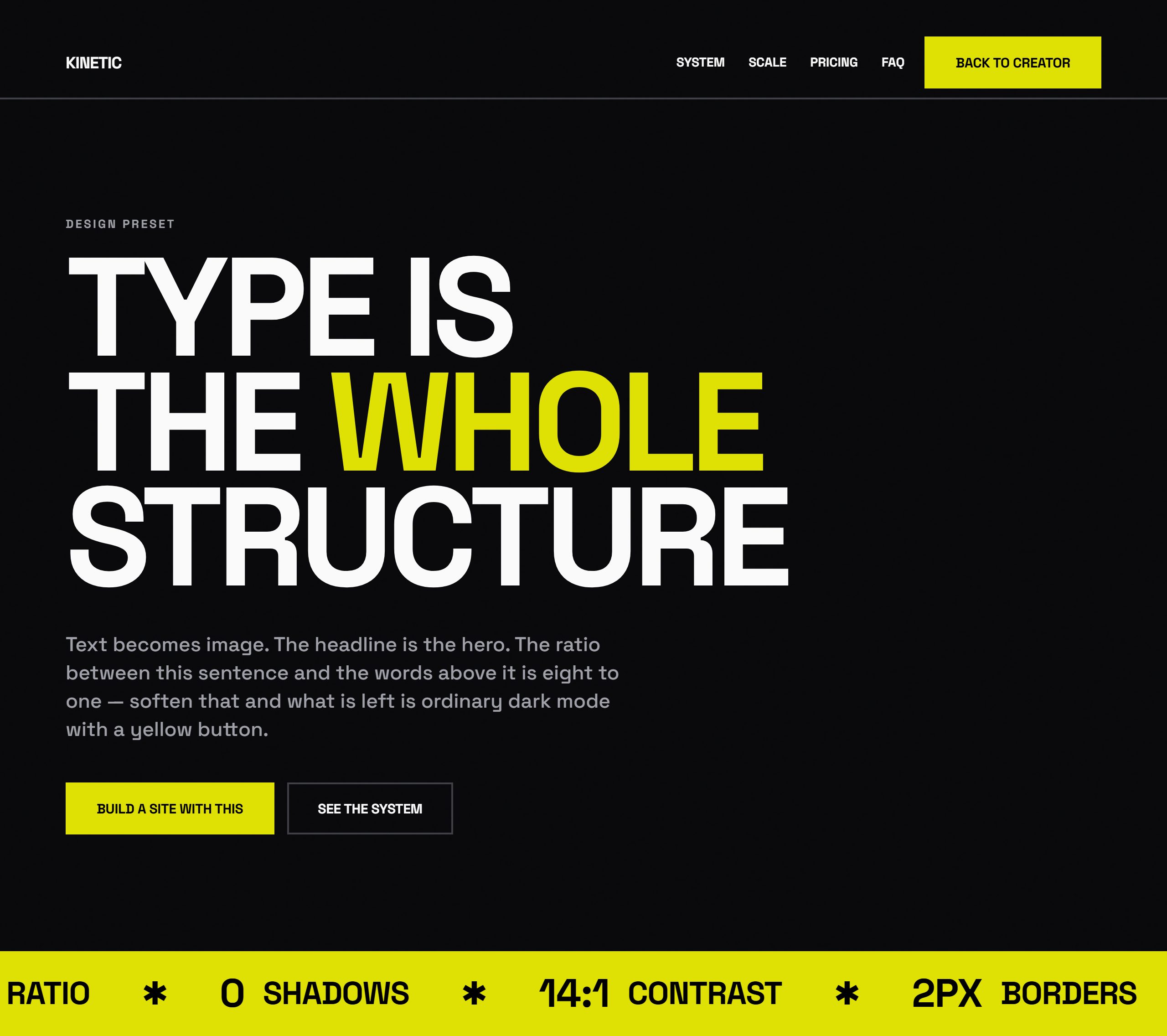 A kinetic style: enormous uppercase type filling the screen on rich black with one word in acid yellow, above a scrolling yellow marquee.