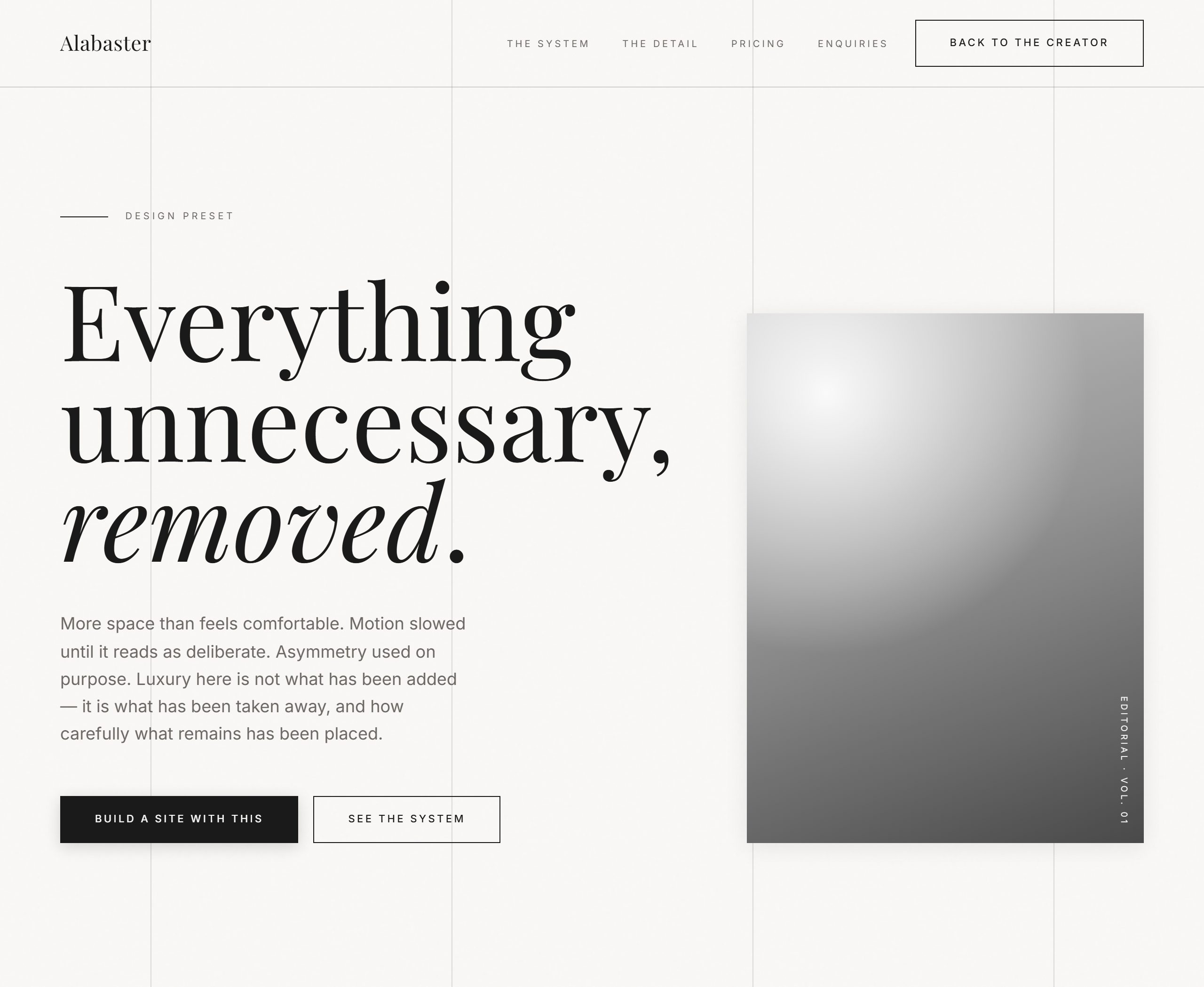 A luxury editorial style: a very large serif headline with one italic word on warm off-white, faint vertical gridlines, and a tall greyscale plate to the right.