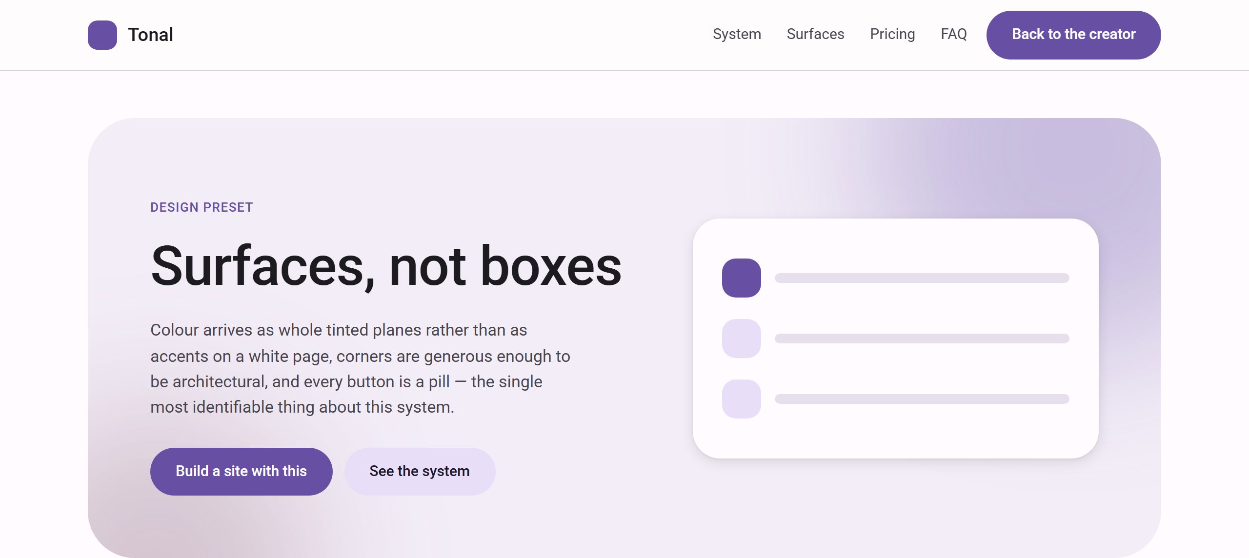 A Material You style: a large tinted lavender panel with rounded corners, pill buttons and a floating white card of rounded list rows.