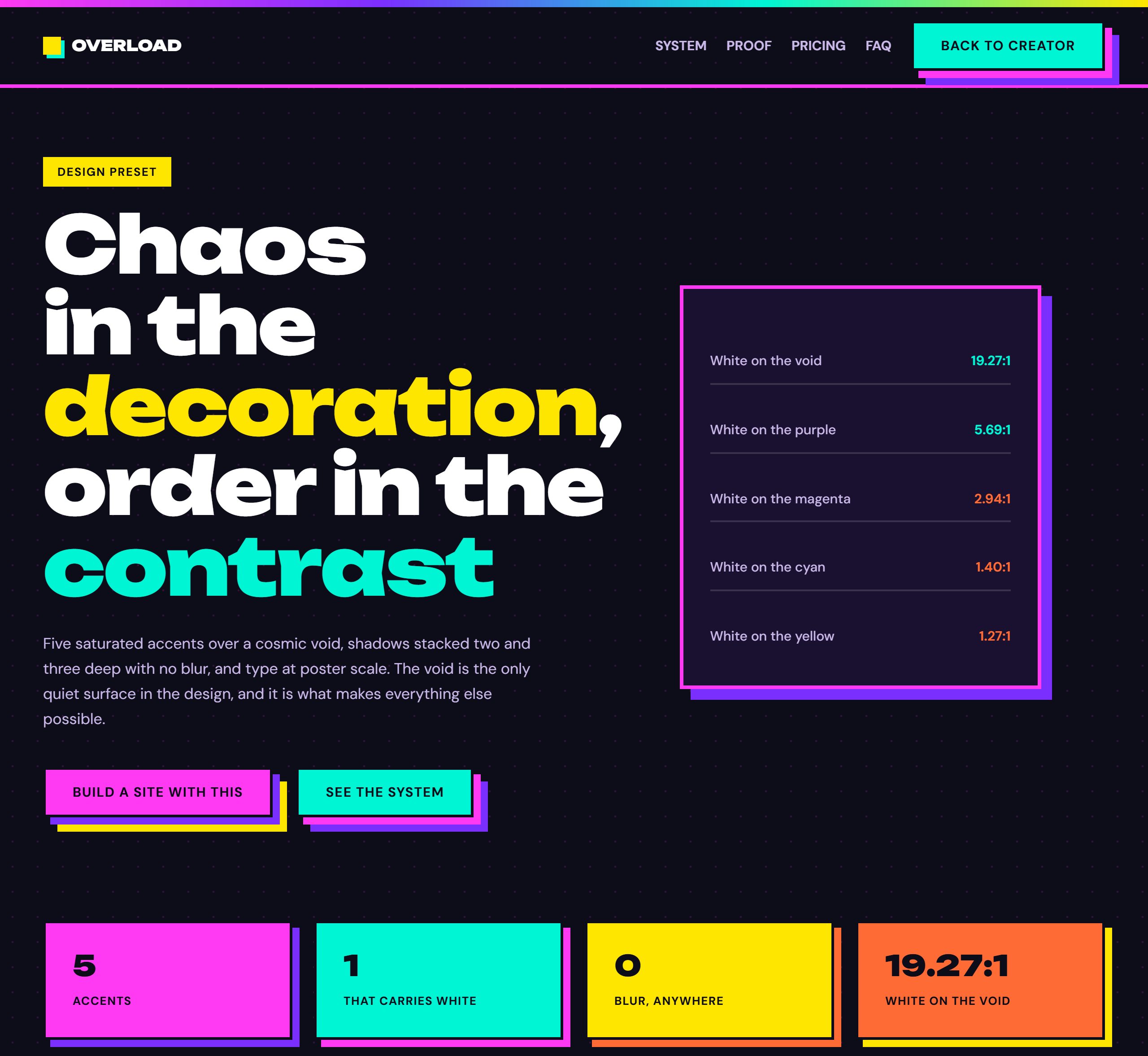 A Maximalism style: a huge headline in white, yellow and cyan over a near-black void, with stacked multi-coloured hard shadows on every block.