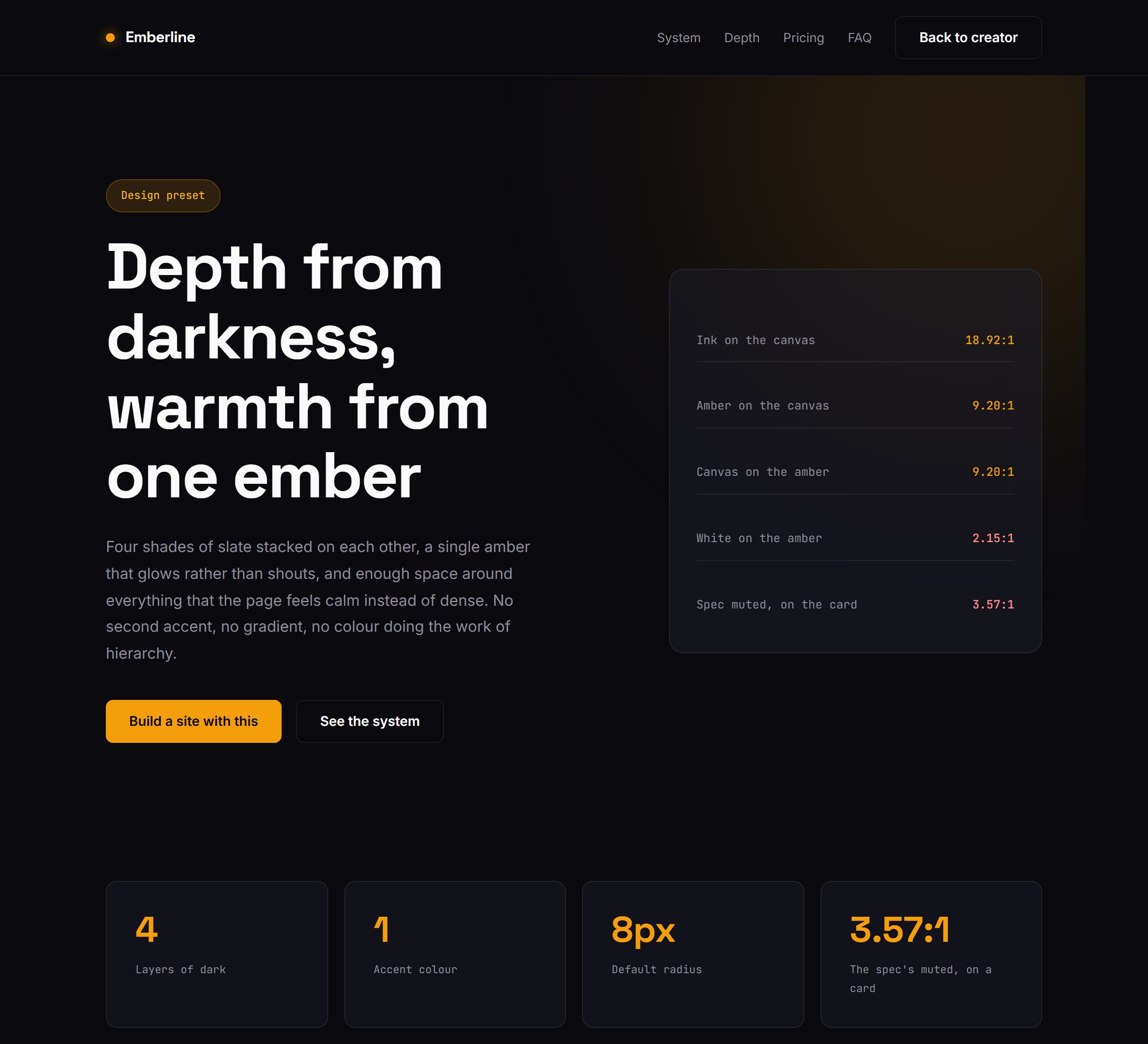 A Minimalist Dark style: a white headline on layered near-black with a soft amber glow behind it and a translucent glass panel of figures.
