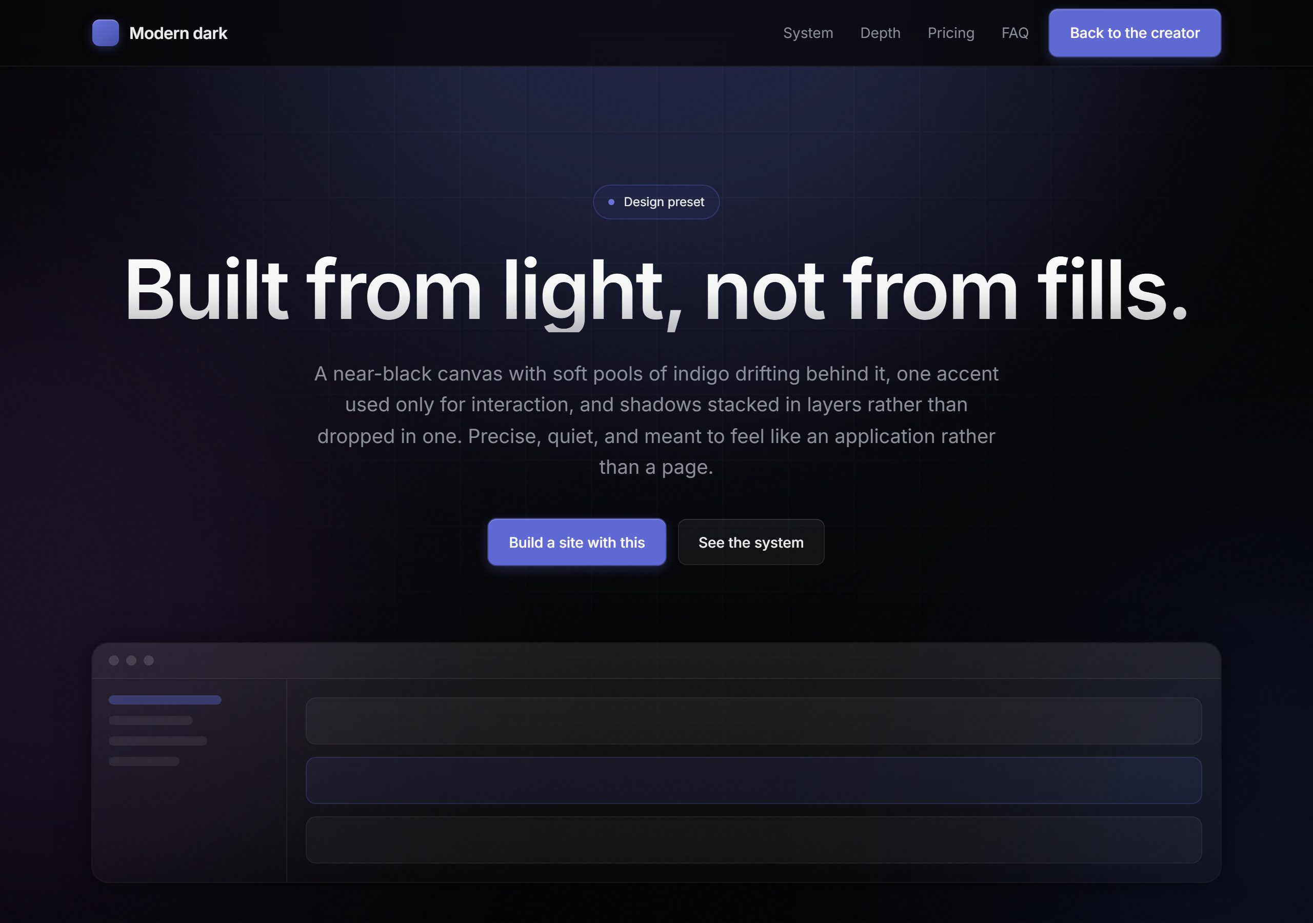 A modern dark style: a large gradient headline on a near-black canvas lit by soft indigo, an indigo button, and an elevated mock application panel below.