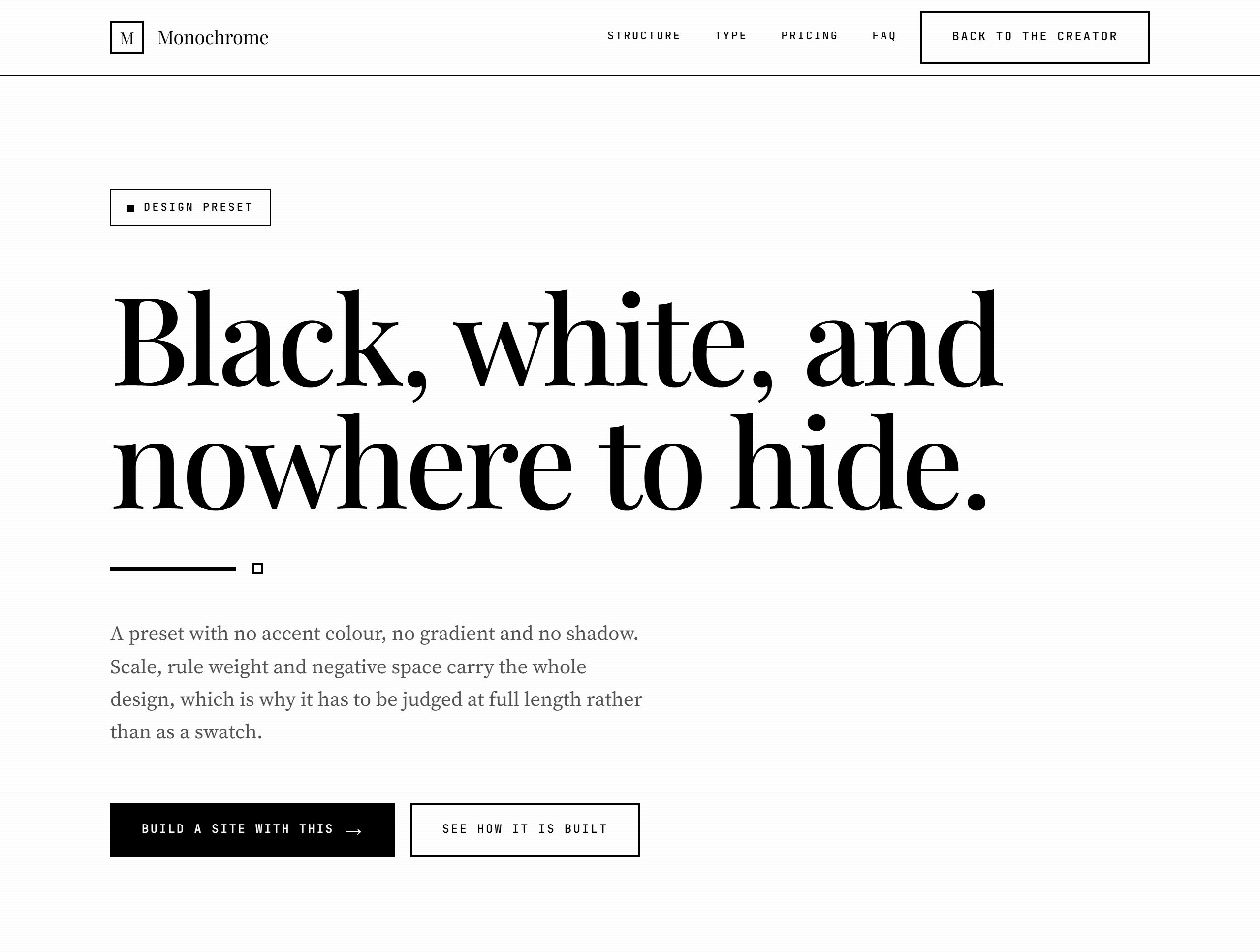 A monochrome editorial style: a large serif headline in black on white, a square-cornered black button, and a pale grey band below it.
