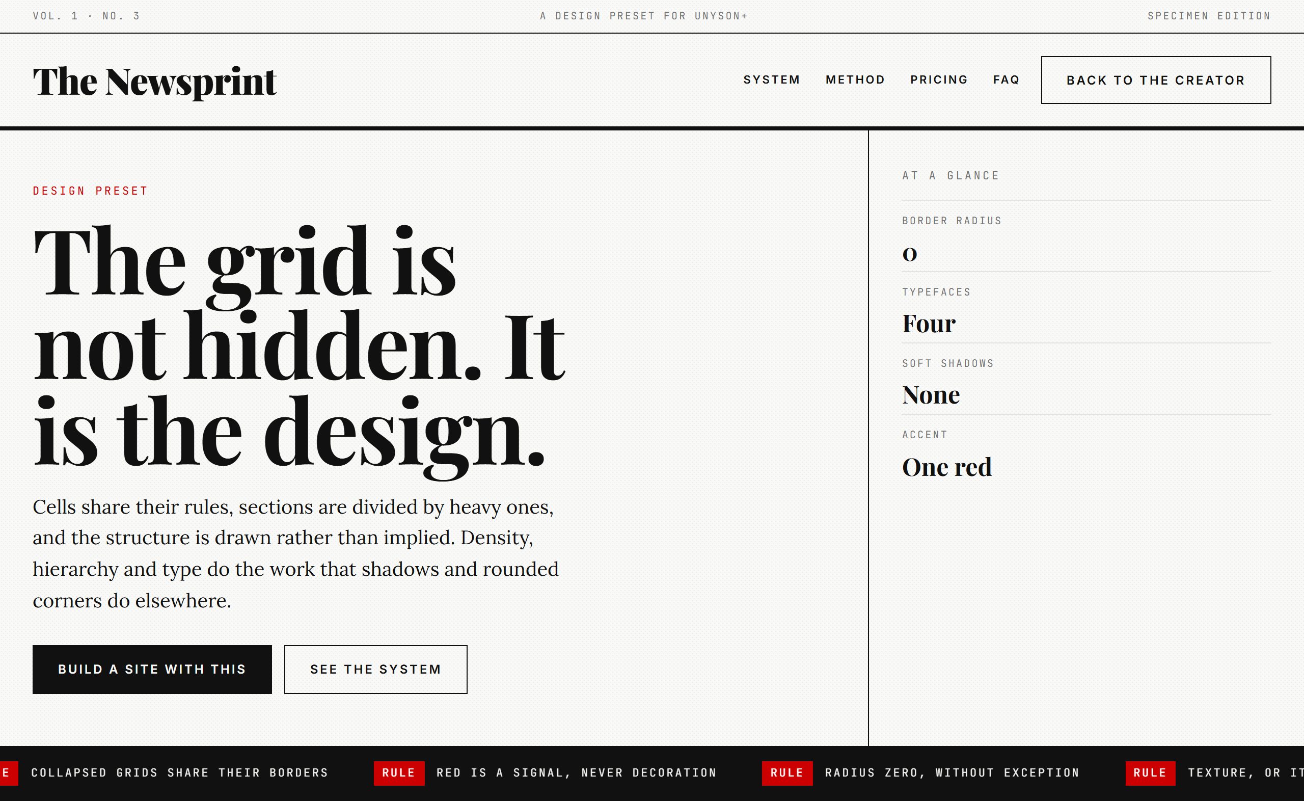 A newsprint style: a masthead with edition metadata above a very large serif headline, a visible column rule, and a black news ticker with red badges.