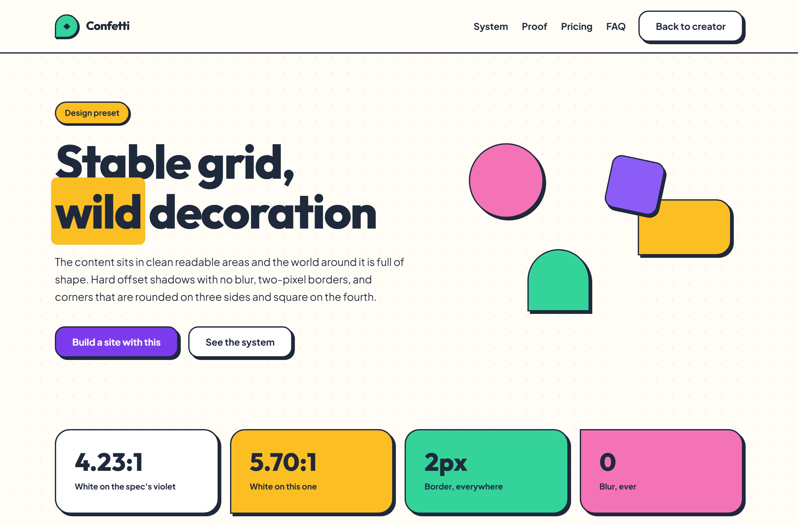 A Playful Geometric style: a heavy headline with a yellow highlight on warm cream, beside circles and rounded shapes with hard black offset shadows.