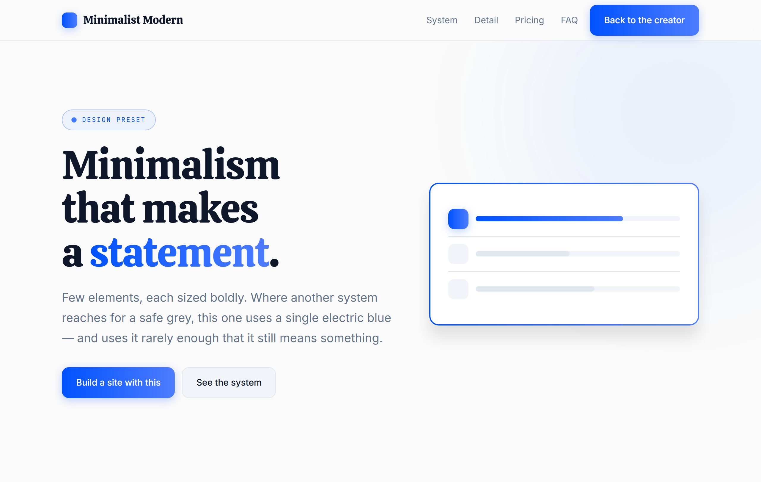A minimalist modern style: a warm off-white page with a large serif headline whose last word is filled with an electric blue gradient, beside a white panel with a gradient border.
