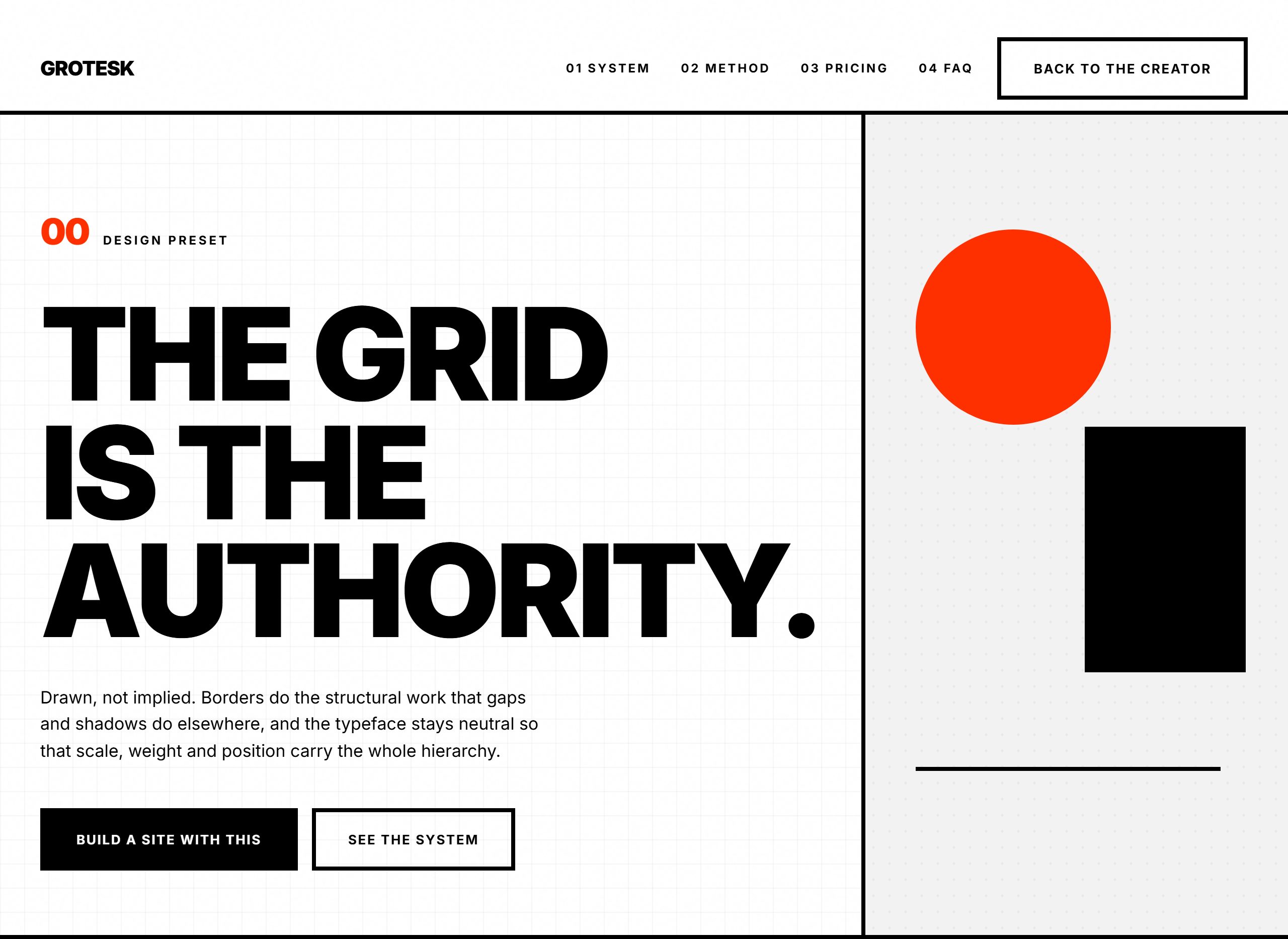 A Swiss style: a very large black uppercase headline on white over a faint grid, beside a composition of a red circle and a black rectangle.