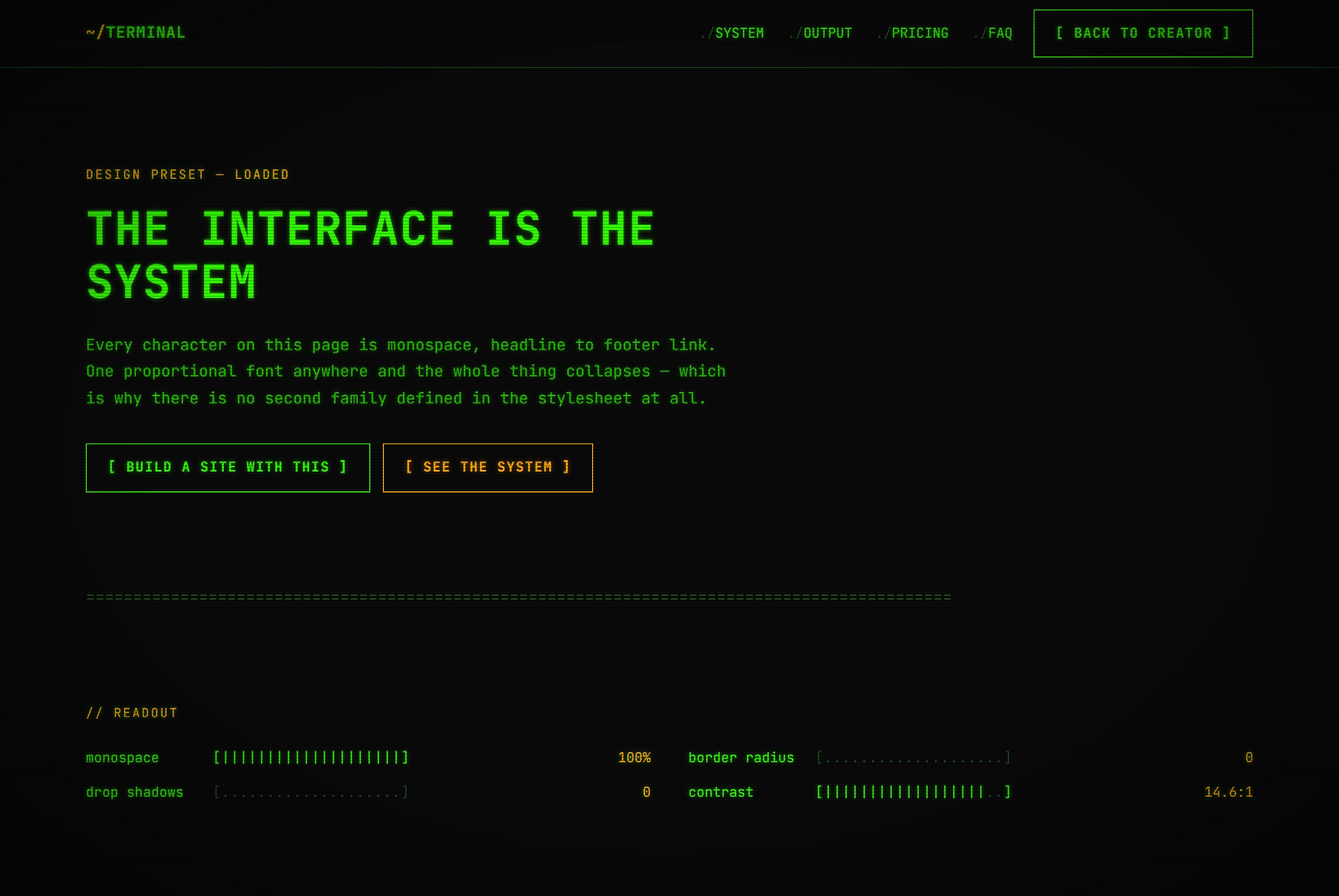 A terminal style: phosphor green monospace text on near-black with a blinking block cursor, bracketed buttons and ASCII progress bars.