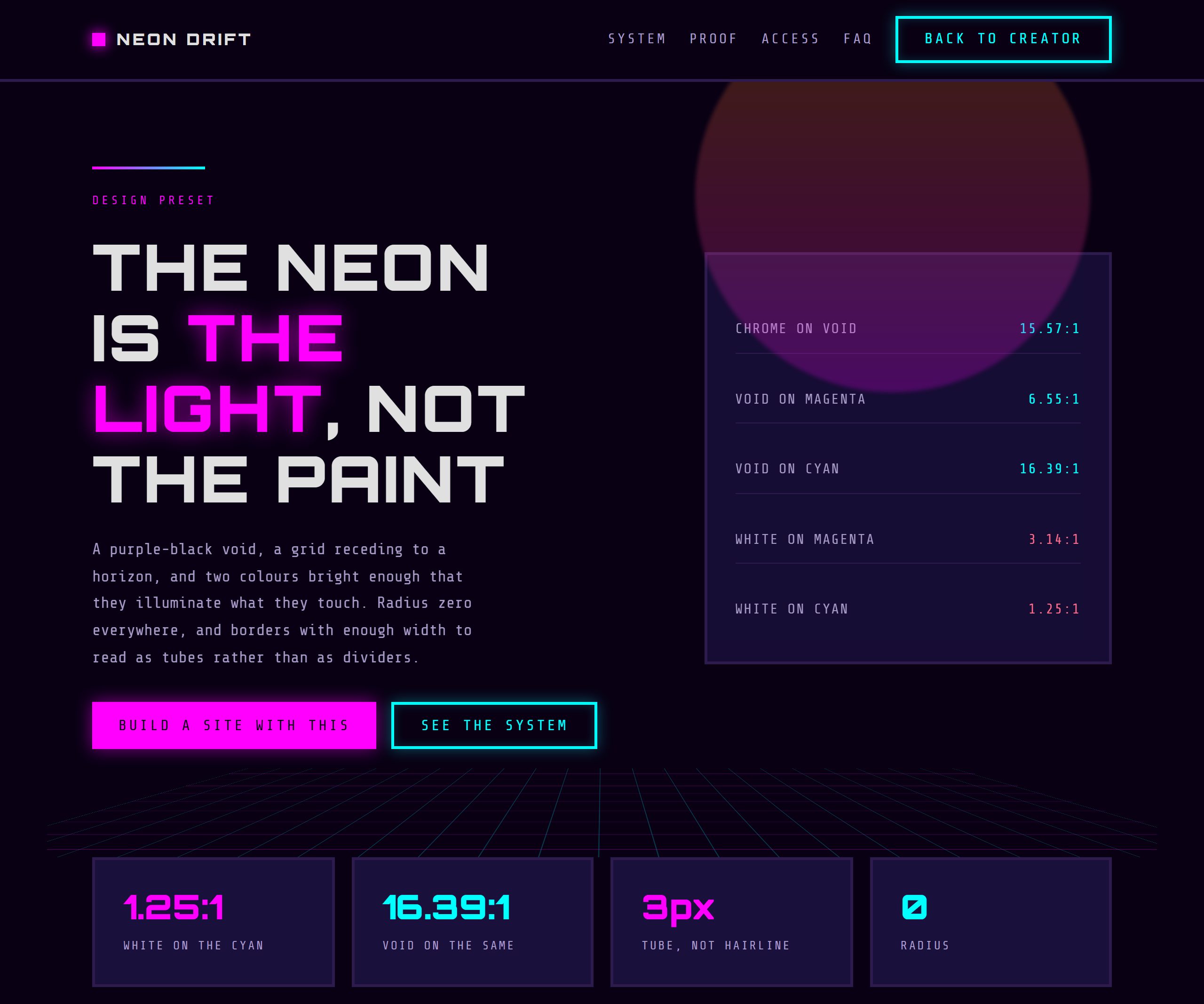 A Vaporwave style: a wide uppercase headline in white and magenta over a purple-black void, with a gradient sun and a perspective grid below.