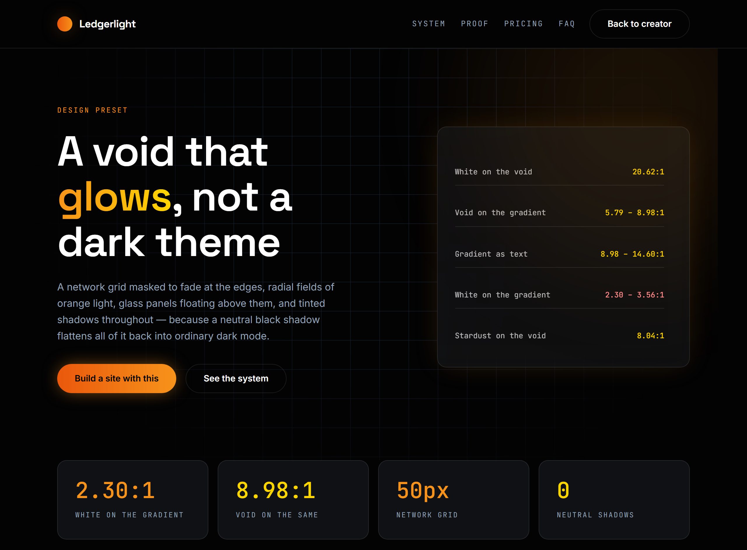 A Web3 style: a white headline with one word in an orange-to-gold gradient on a near-black ground, beside a translucent glass panel of figures under a soft orange glow.